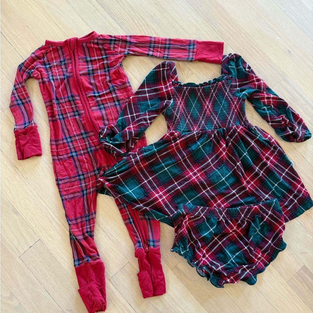 Little Sleepies Christmas Zippy and dress Red and Green Plaid Kids Matching Set